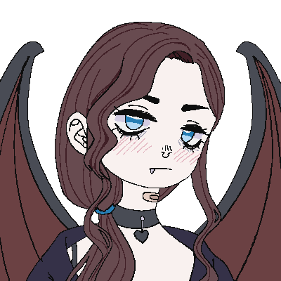 A drawing of a snaggle-toothed batwing girl with long wavy hair